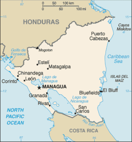 Map of Nicaragua. Terrain, area and outline maps of Nicaragua