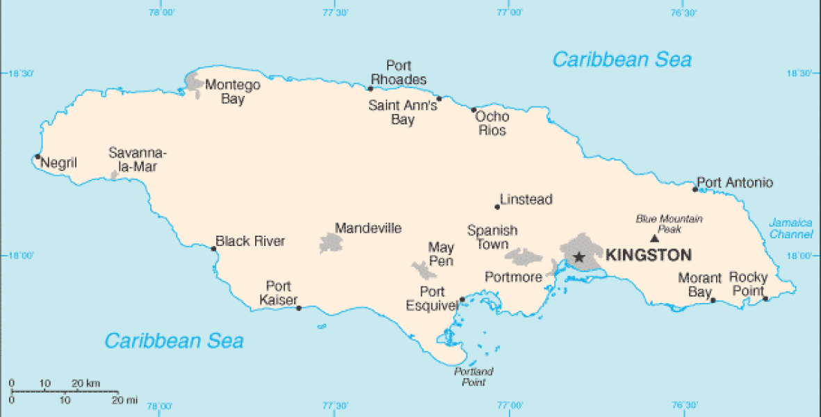 Jamaica map. Terrain, area and outline maps of Jamaica