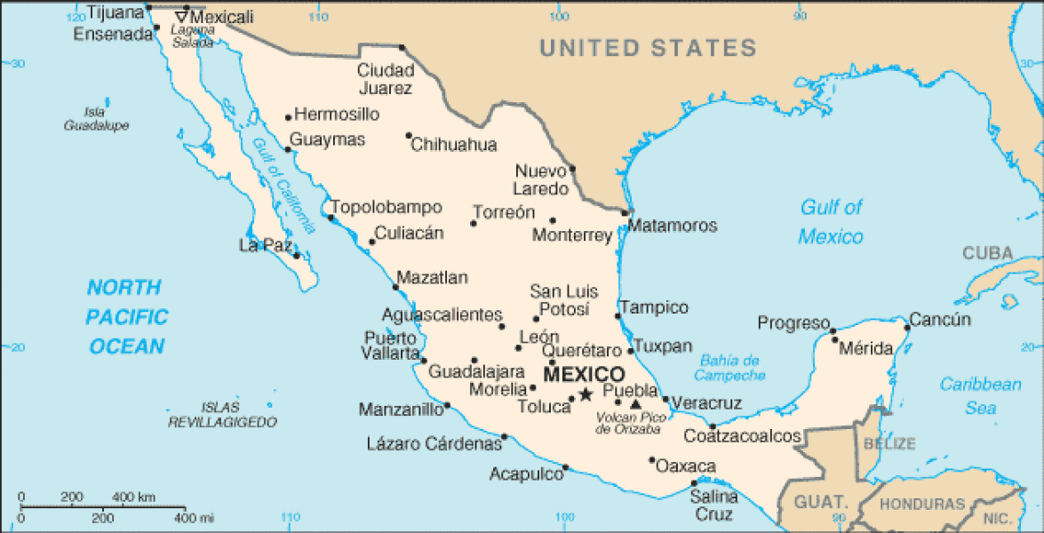 Mexico map. Terrain, area and outline maps of Mexico. | CountryReports